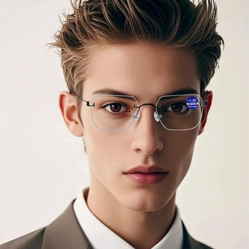 New Retro Frameless Bifocal Men's Reading Glasses Ultra Light Neutral Frameless High-definition Anti Blue Light Glasses