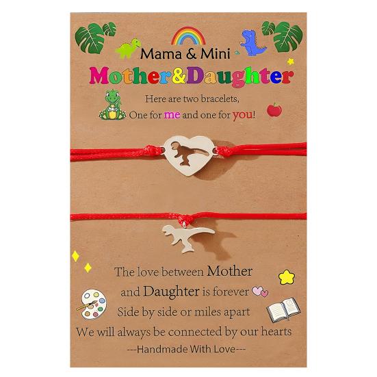 Mother Day Bracelet Dinosaur Element Handmade Heart Pendants Adjustable Size Women Wristband Meaningful