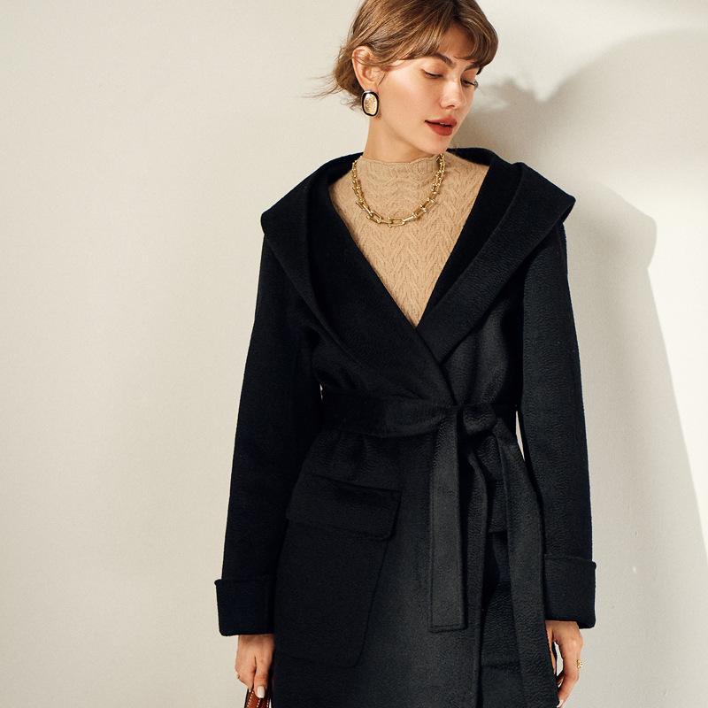 Velký červený kašmírový kabát s vodním vlněním dámský středně dlouhý podzimní a zimní nový s kapucí oboustranný vlněný kabát