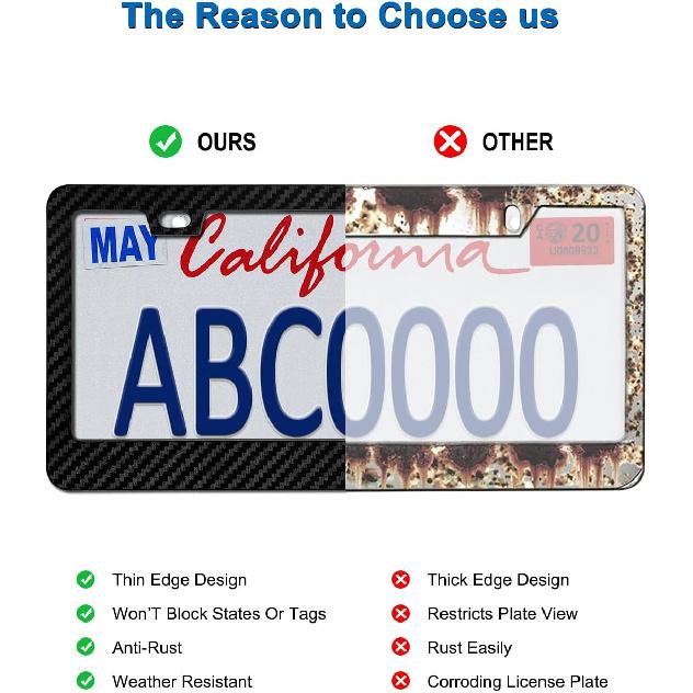 Black Carbon Fiber License Plate Frames, Plastic Number Plate Holder Print Carbon Pattern for Men and Women, 2 Pack with Screws Caps for Front Rear