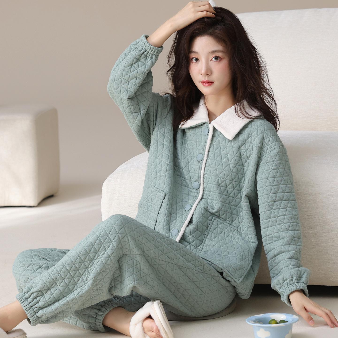 

Air cotton pajamas women s autumn and winter thickened pure cotton long-sleeved interlayer new padded warm loungewear set M recommendation 40-50kg