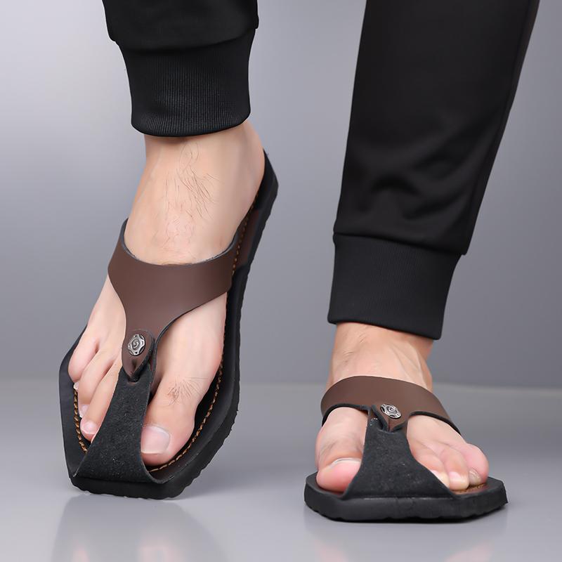 Herren Schwarz Leder Pantoffeln Einfache Flache Sommer Weiße Flip-Flops Outdoor Sandalen Braun Offene Zehen Strand Schuhe Übergröße