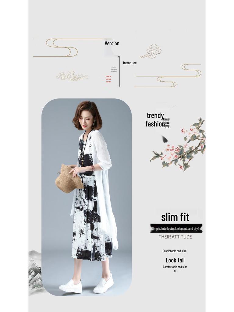 Damen 2025 Sommer Baumwoll-Leinen Tusche-Print Schal Zweiteiler Kleid-Set