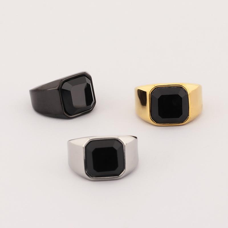 Bold Vintage Amber Stone Men's Ring Black Onyx Stainless Steel Square Hip-Hop Jewelry Gothic Punk Biker Accessory