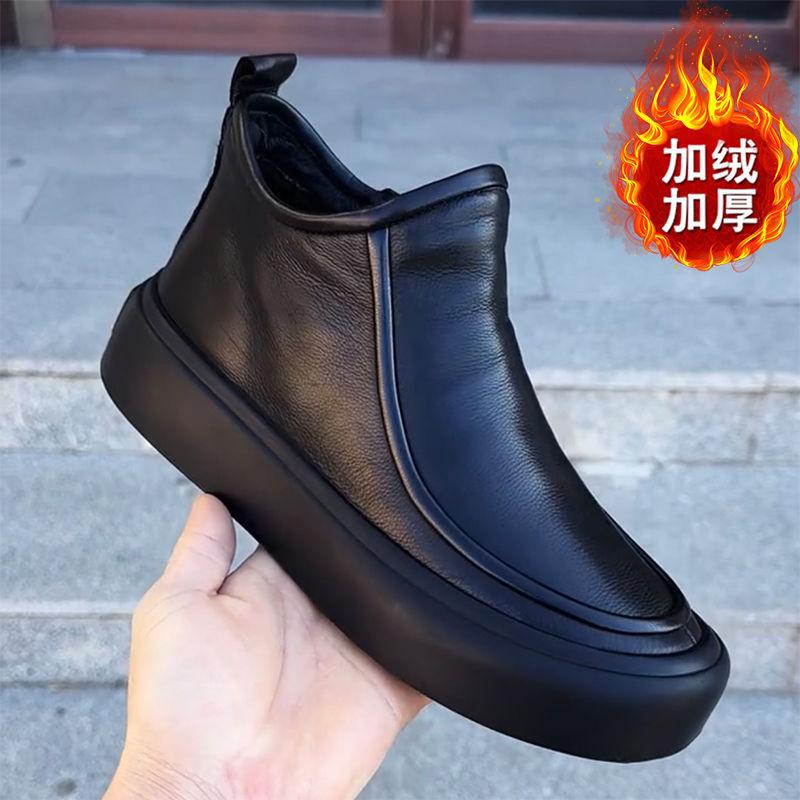 Pantofi pentru bărbați 2025 pantofi noi din piele tub scurt ajutor mediu fermoar casual înălțime interioară creștere nou stil chinezesc autentic simplu și confortabil trend