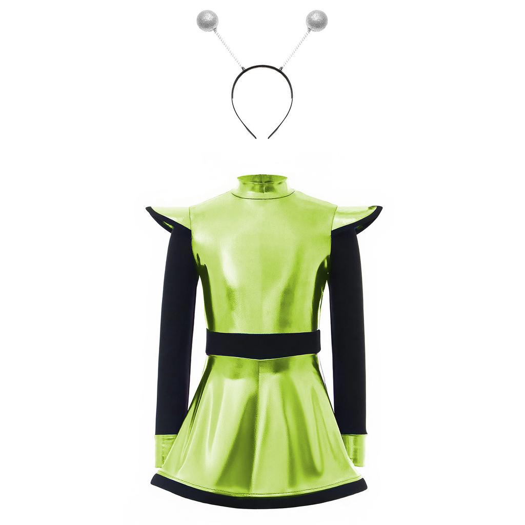 Girls Alien Costume Set Patchwork Metallic Dress Mock Neck Long Sleeve Built In Shorts Matching Hair Hoop