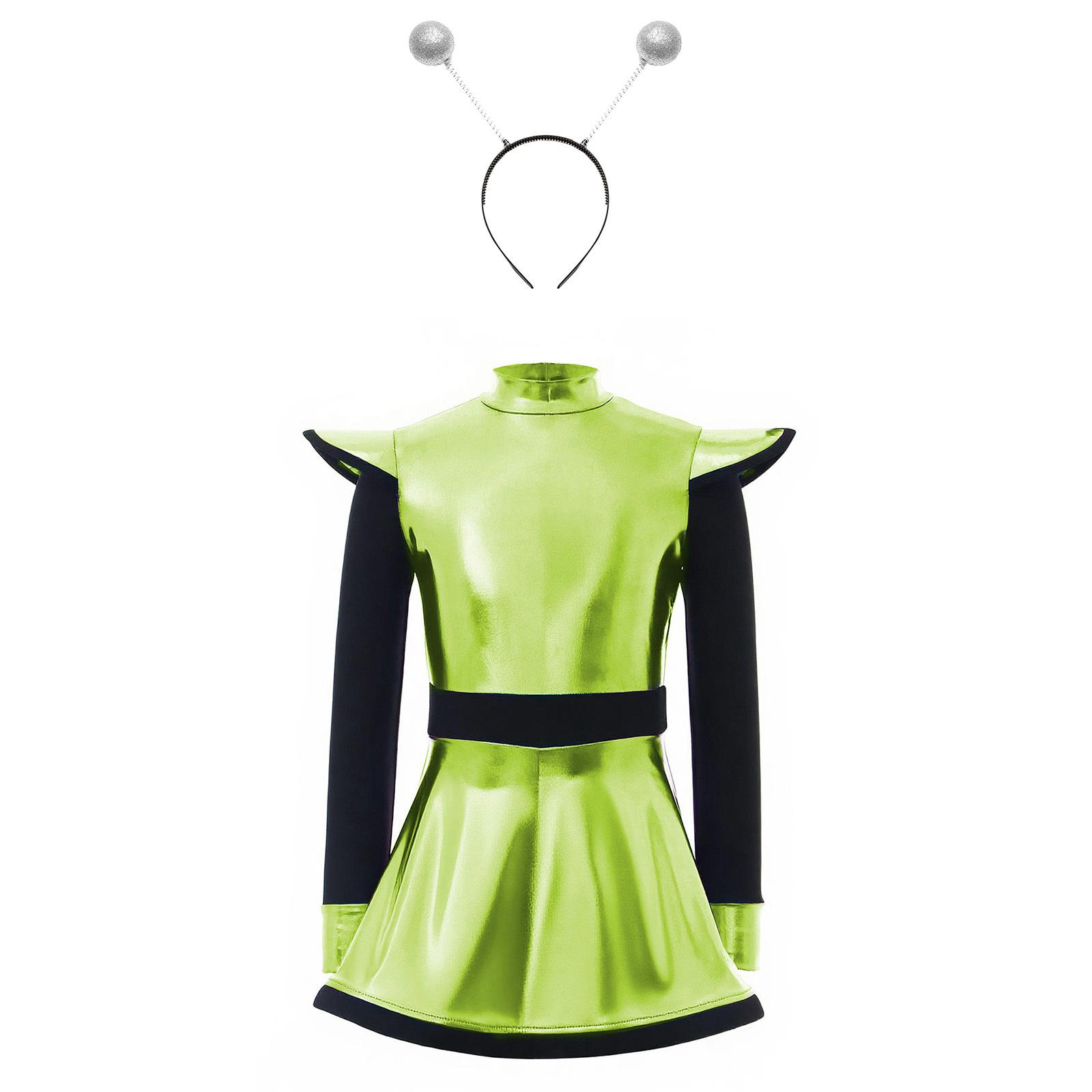 

Kids Two Piece Alien Costume Glossy Metallic Patchwork Dress Invisible Back Zipper Shorts Party Hair Accessory 5-6 Years зелений