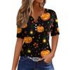 Women's Casual Halloween Print V Neck Short Sleeve Button Detail T Shirt Top Suitable for Everyday Wear and Seasonal Events