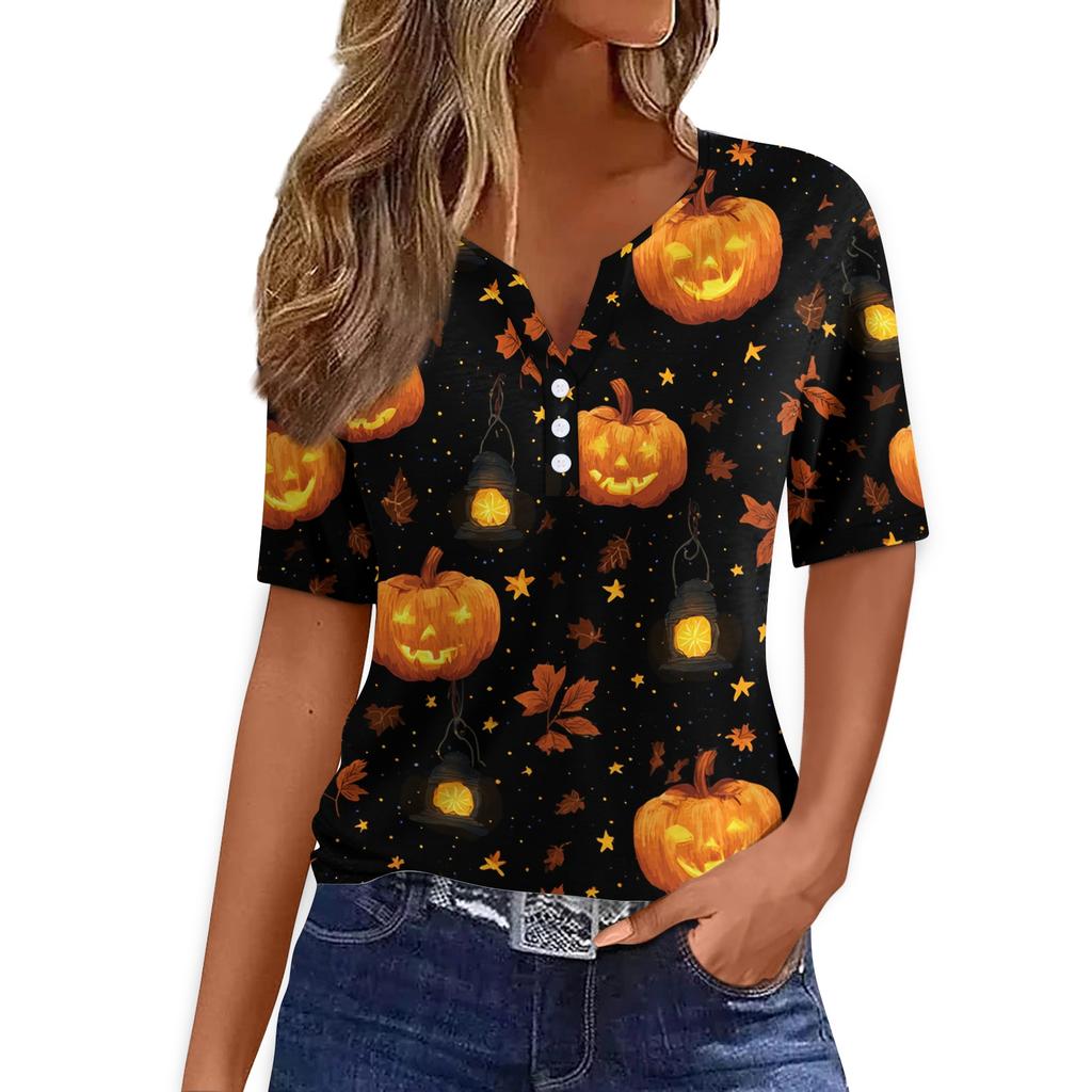 Women's Casual Halloween Print V Neck Short Sleeve Button Detail T Shirt Top Suitable for Everyday Wear and Seasonal Events