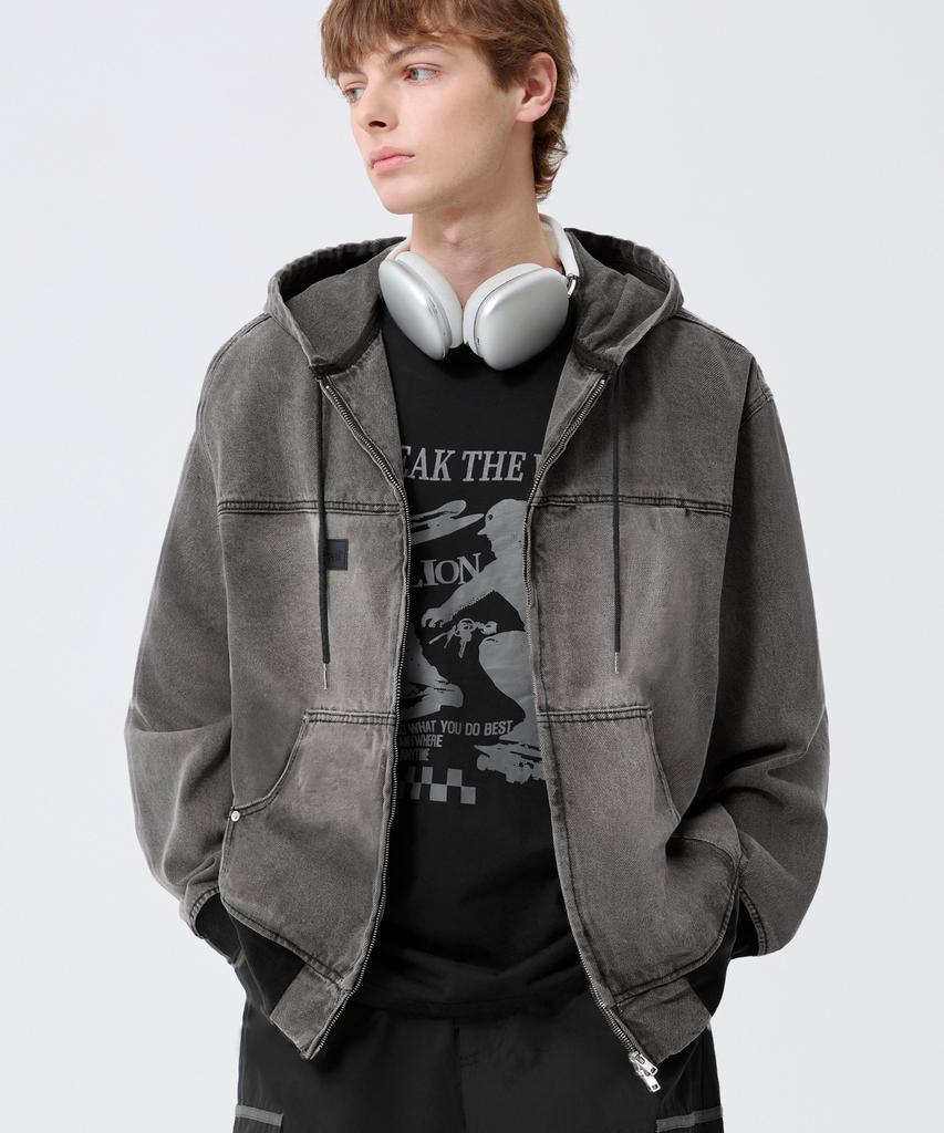 Trillion Vintage Washed Denim Work Zip-Up Hoodie_Light Gray