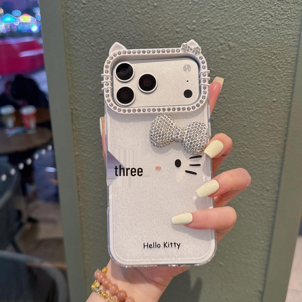 Glitter Cat Ear Phone Case for iPhone 11/15/16/17 Pro Max with Bow