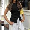 Women's Sleeveless Halter Button Front Ribbed Knit Top Asymmetrical Hem Casual Tank Top