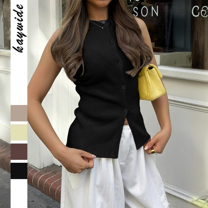 

Женский укороченный топ-майка в рубчик без рукавов с завязками на шее и пуговицами спереди, асимметричный низ, повседневный S чёрный