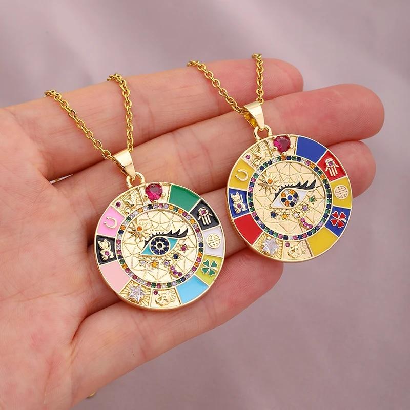 Turkish Lucky Evil Eye Necklace Men Women Gold Color Enamel Drip Oil CZ Pendant Fashion Stainless Steel Chain Necklace Jewelry