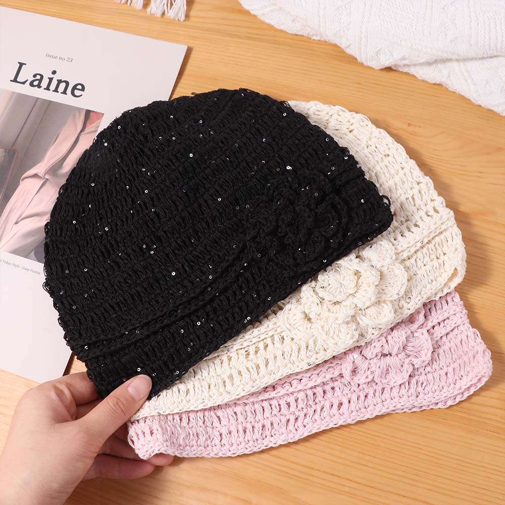 Glitter Crochet Flower Hat Handmade Weave Cap Fashion Sequin Knitted Hat  Outdoor