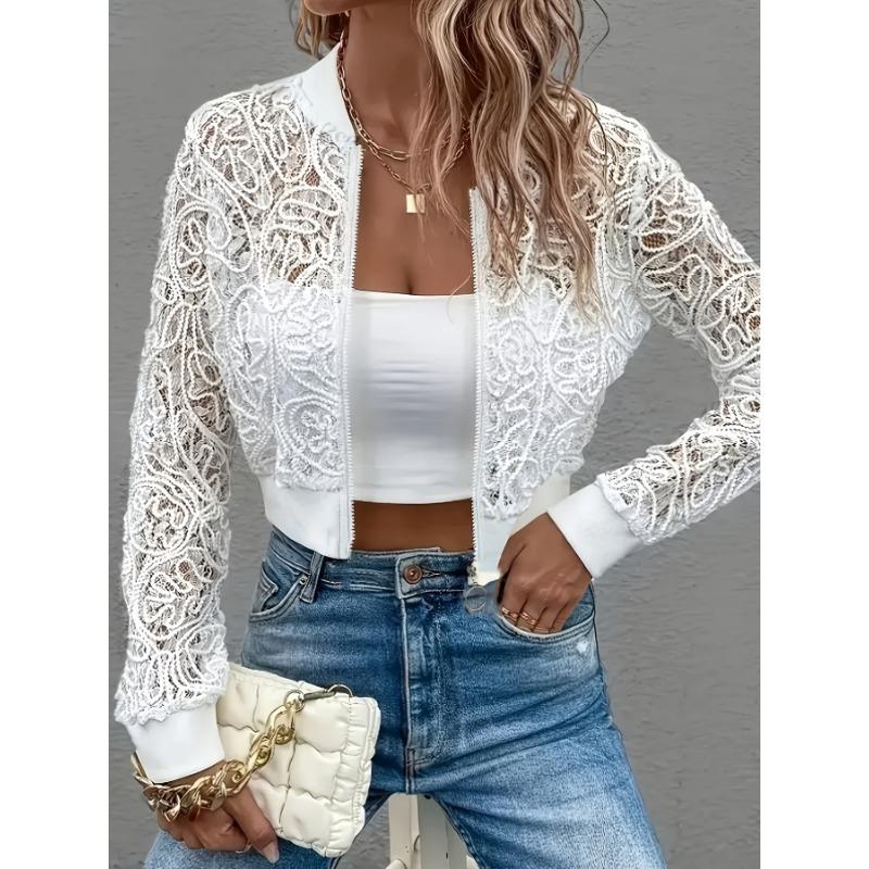 New Spring and Summer Lace Short Jacket Women's Spring and Autumn Thin Zipper Cardigan Long Sleeve Slim Fashion Versatile Top