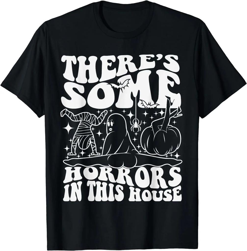 There’s Some Horrors in This House Ghost Pumpkin Halloween T-Shirt Cartoon Halloween Pattern T Shirt for Men Women Kids