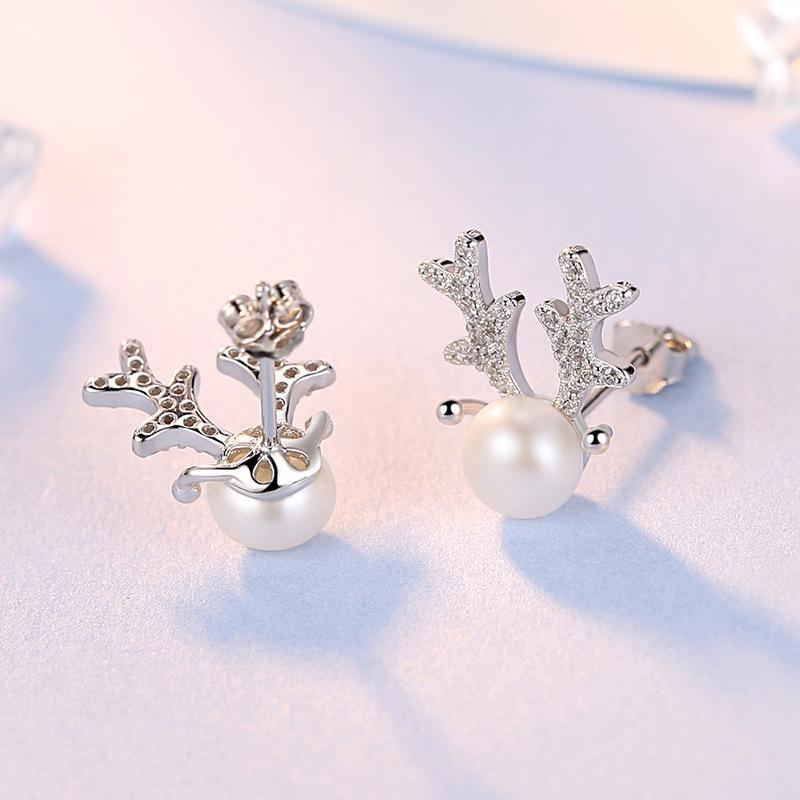 S925 Silber Elchgeweih Perlen Ohrstecker für Frauen - Minimalistischer Koreanischer Stil Weihnachtsschmuck