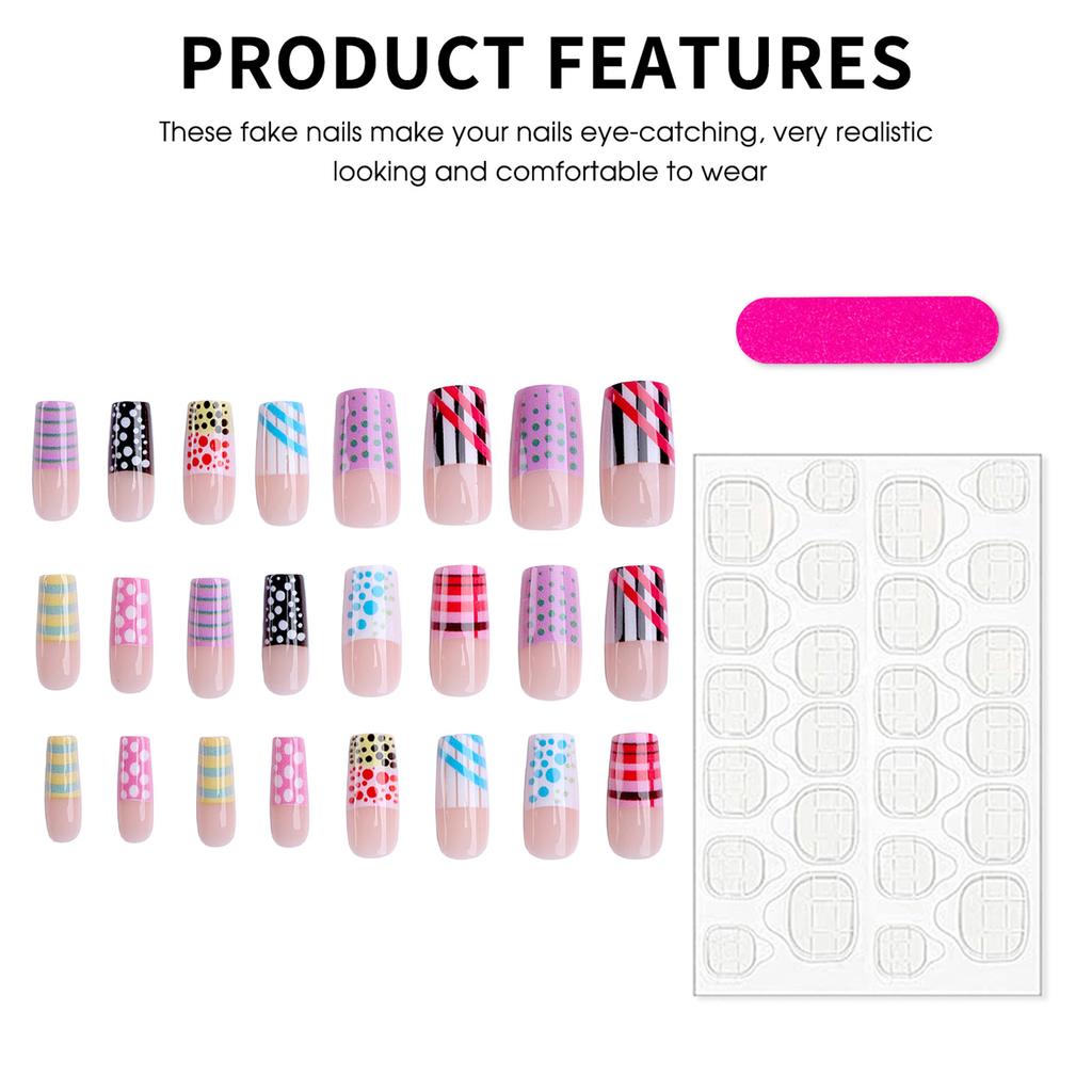 Polka Dot Lines Pink Square False Nails 24 Pieces Fashionable Design For DIY Manicure