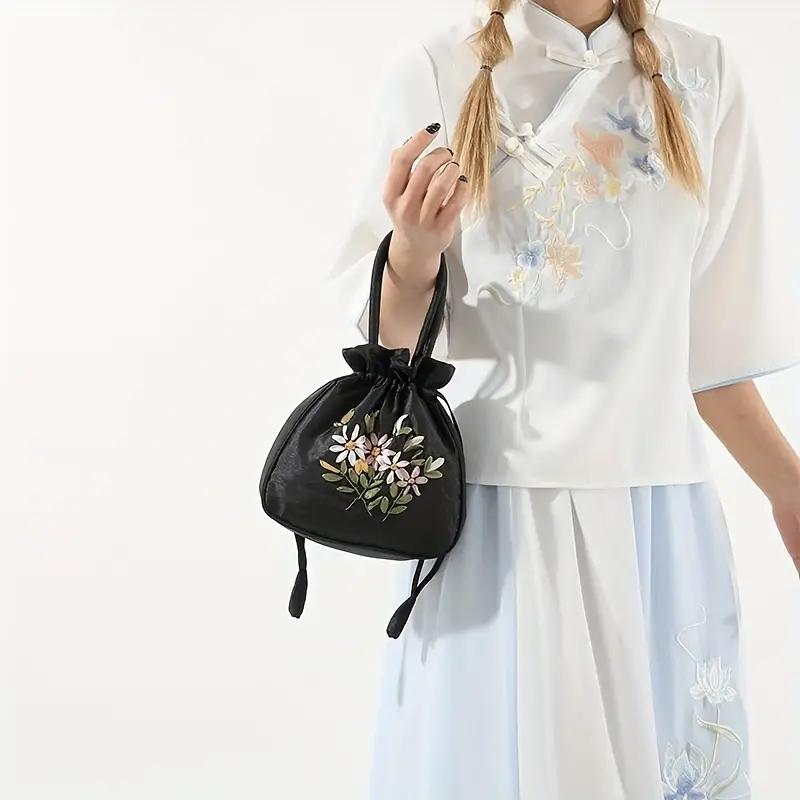 Yogodlns Retro Embroidery Drawstring Bag Flower Pattern Bucket Bag Womens Fashion Handbag Coin Purse
