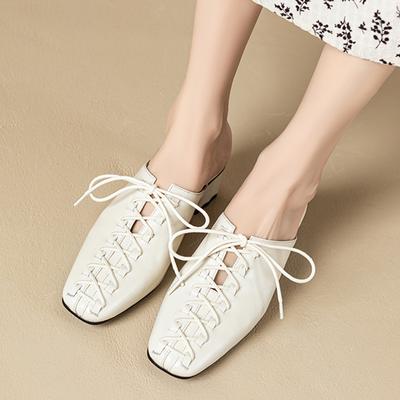 2025 Summer Genuine Leather Lace Up Dress Mules Women Covered Toe Med Thick Heels Slippers Ladies Dating Shoes Elegant Sandals