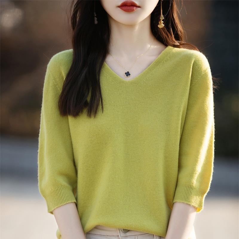 V Neck 1 2 Sleeve Loose Knit Sweater Solid Color Pullover For Women