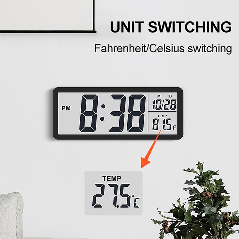 Digital Wall Clock Electronic Wall Mounted LCD Disply Clocks Multifunctional Temperature and Time Week Display Battery Powered