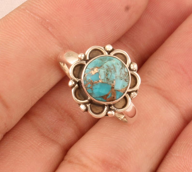 

Solid 925 Sterling Silver Blue Copper Turquoise Round Gemstone Boho Designer Unisex Gift Ring Jewelry 10.5