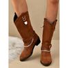 Women's Casual and Versatile Medium Boots New Fall Round Toe Chain Block Heel Solid Color Fashion Boots