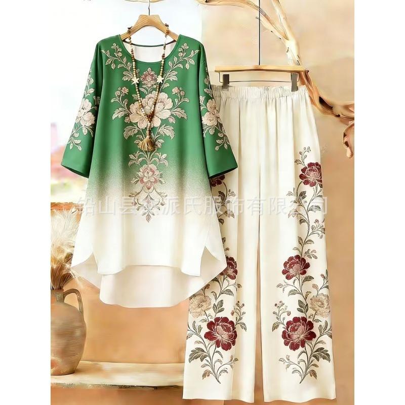 1116 European and American plus-size women's new vintage bohemian style round neck mid-sleeve set