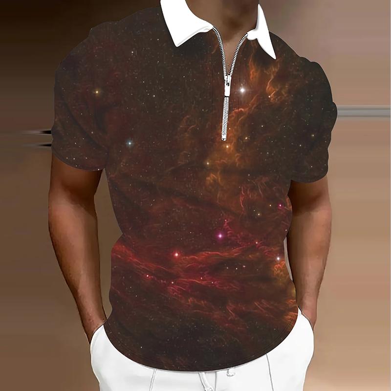 Pánské tričko Polo Ležérní Zip Krátký rukáv Módní Ležérní Zip Léto Jaro Běžný střih 3D Potisk hvězdné oblohy tričko