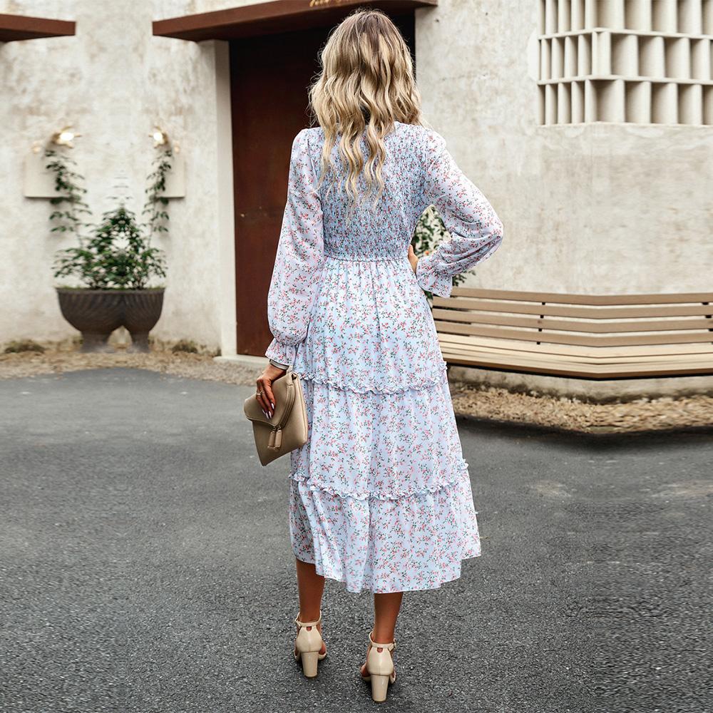 Dámské podzimní elegantní dlouhé potištěné šaty s lucernou s rukávem a vysokým pasem