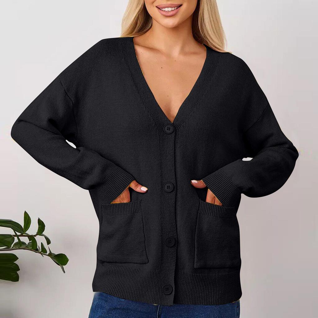 Suéter tipo cárdigan informal de color liso para mujer con bolsillos para abrigo de mujer