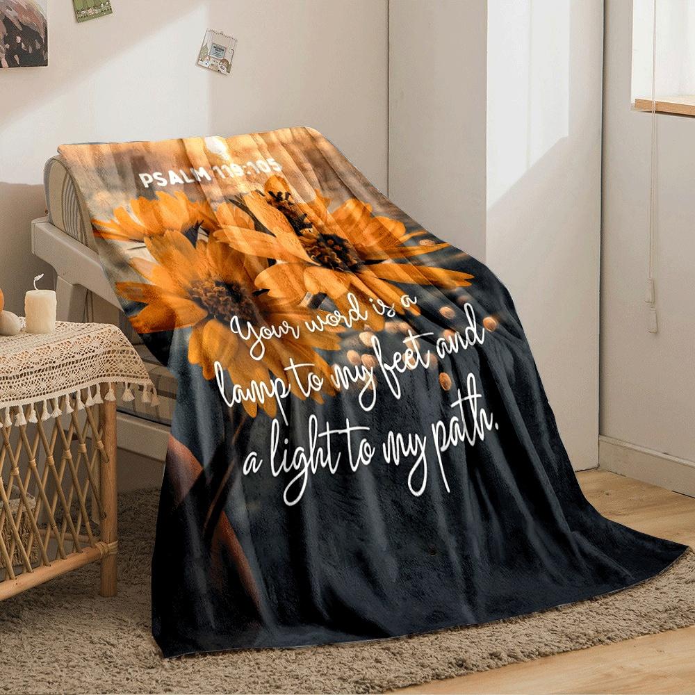 Yellow Flowers with Text Overlay and a Glowing Sunset Reflection. for All Seasons Blanket Lunch Break Throw Gift