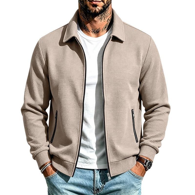 Men S Loose Fit Lapel Zip Pocket Waffle Knit Jacket