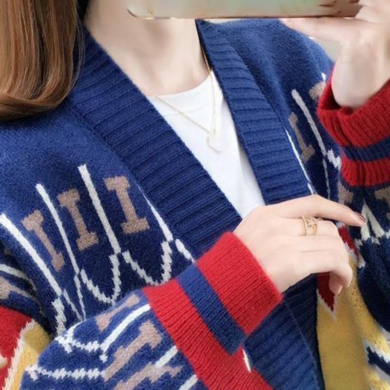 Lazy Jacquard V-Ausschnitt Langarm Warm Loose Sweater Cardigan Damen Strick Loose Sweater Jacke Wild Knit Cardigan