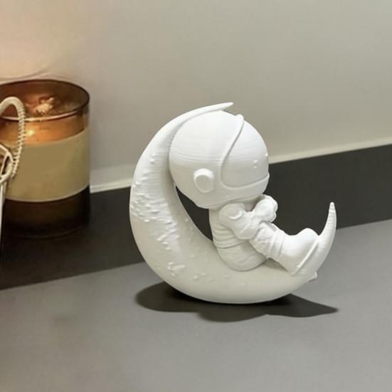 Yousheng 3D Printed Moon Astronaut Figurine, Sitting on Crescent Moon Spaceman Statue, Astronaut Desktop Decoration for Home