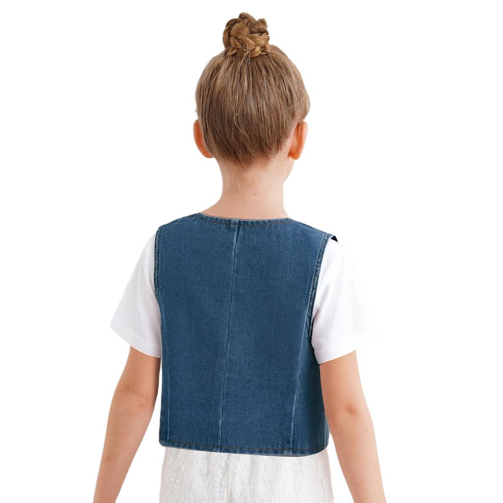 Girls Shiny Rhinestone Stars Denim Vest Buttons Sleeveless Jacket Asymmetrical Waistcoat Birthday Party Top