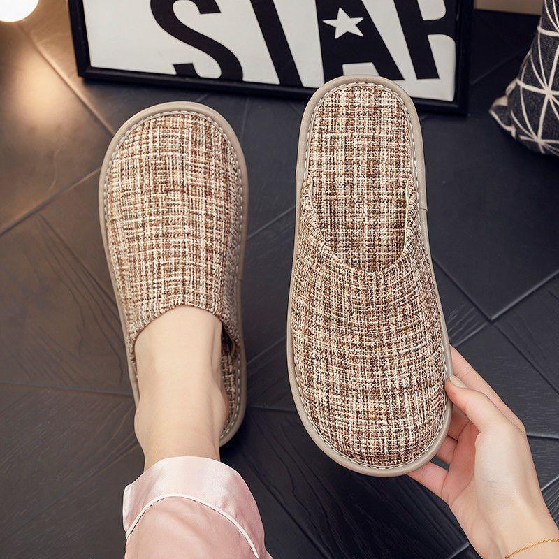 Spring and autumn household fabric slippers men and women couples home indoor non-slip floor home four seasons cool slippers thick bottom