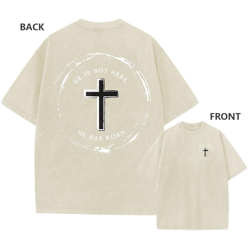 Mens Vintage Oversized Washed TShirt Cotton He Is Risen Easter Faith Tee