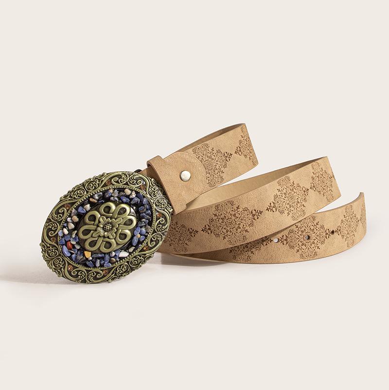 European and American Women's Belts, Western Style Women's Personalized Fashion Decoration Turquoise Retro Embossed Belt