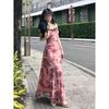 Spice Girl Casual Printed Suspender Dress with Chest Pad Temperament Waist Temperament Skinny Holiday Style Floral Long Dress