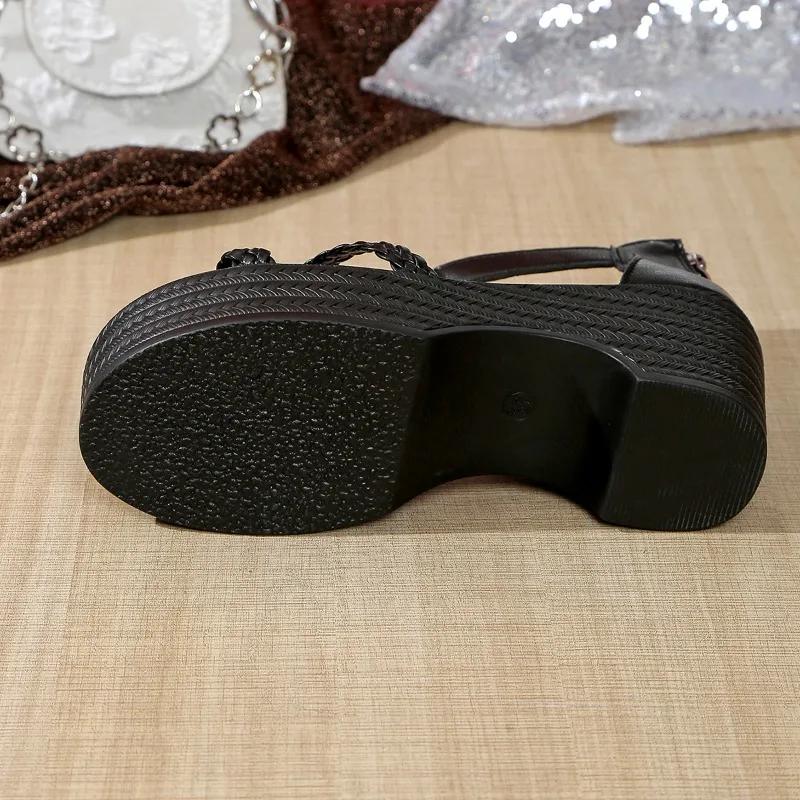 2025 Summer New Women's Cover Heel Sandals with Platform Ankle Wrap Back Zip PU Weave Dress Plus Size Shoes for Women