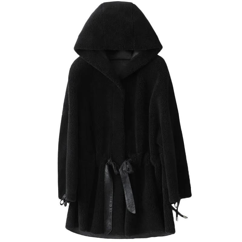 

Жіноче кашемірове пальто з товстим капюшоном, зимове пальто з овечої вовни, пальто зі штучної вовни середньої довжини S чорний