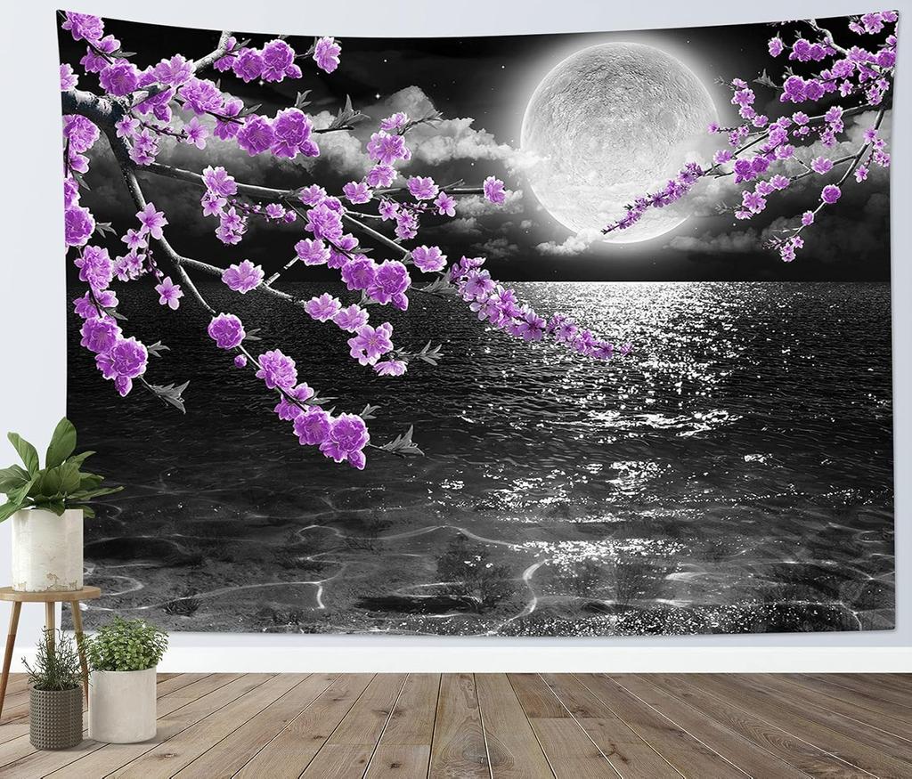 Moon Over Ocean Tapestry Full Moon Night Sky with Cherry Blossom Tree Wall Tapestry for Bedroom Cloud Pink Floral Wall Hanging