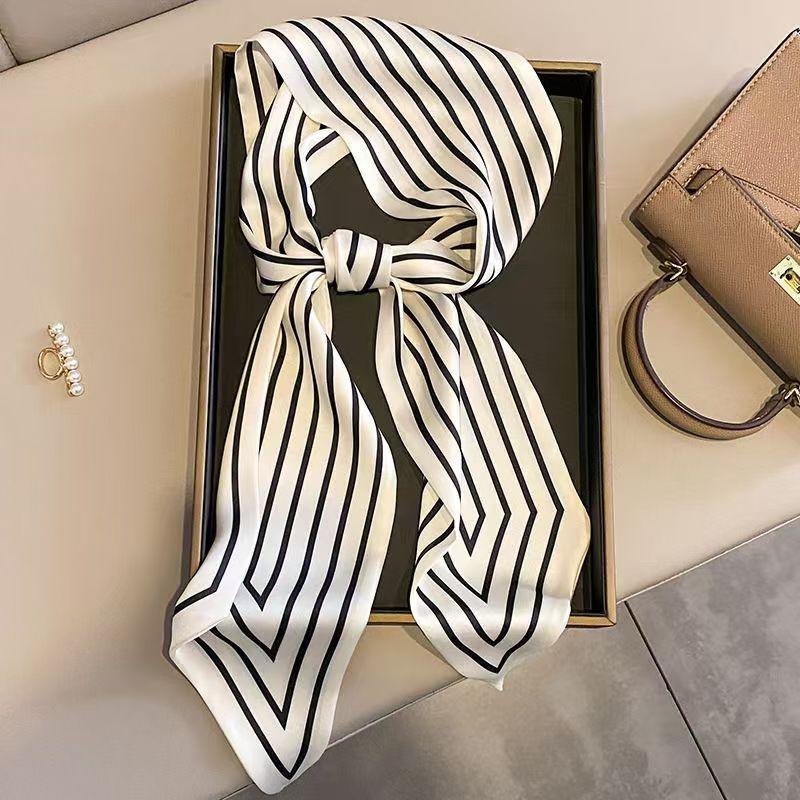 Women Narrow Thin Scarf Striped Long Silk Scarf Women Handle Bag Ribbons Multi-Function Decorative Neckerchief Hair Tie Band