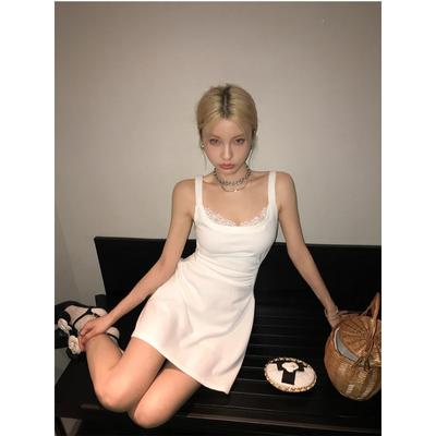 Summer 2024 Pure Color Elegant Lace Party Dress Women Casual Sweet Bodycon Strap Dress Korean Fashion Sexy Mini Dress Chic New