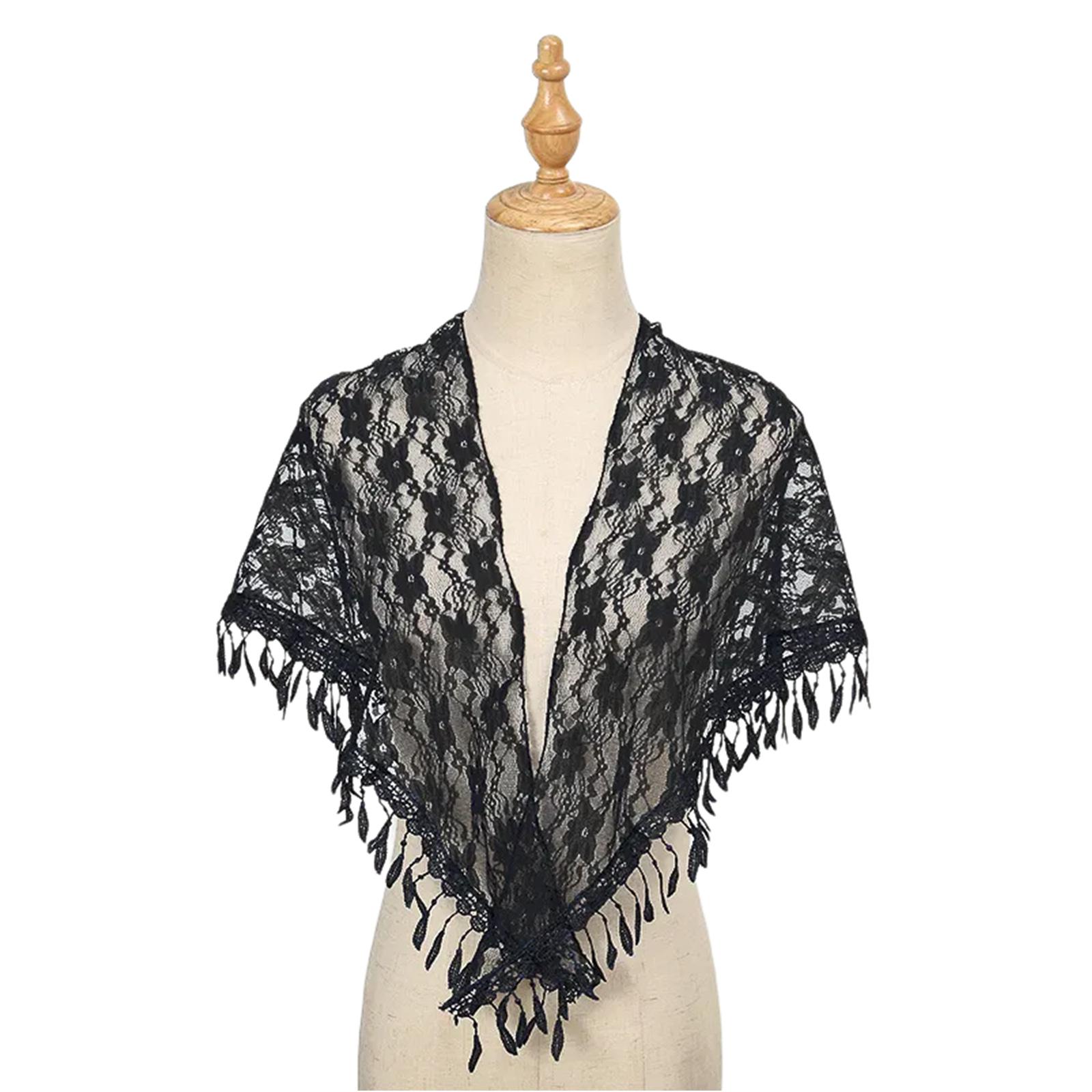 

Элегантный кружевной треугольный шарф на плечо с кисточками и цветочным узором для женщин, отлично подходит для свадеб и путешествий чёрный