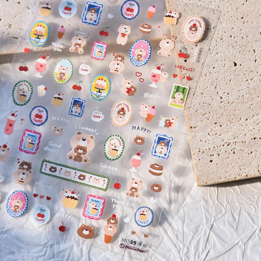 Cute Animals Bear Dog Cake Sweet Cherry Grid Bowknot Star Line Fruit Relief Self Adhesive Nail Art Stickers 5D Manicure Decals