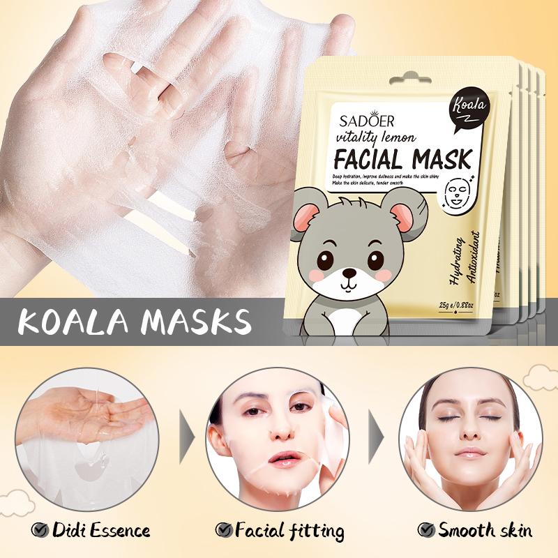 5pcs SADOER Cartoon Fresh Fruit Facial Masks Moisturizing Soothing Brightening Hydrating Face Mask for Facial Skin Care